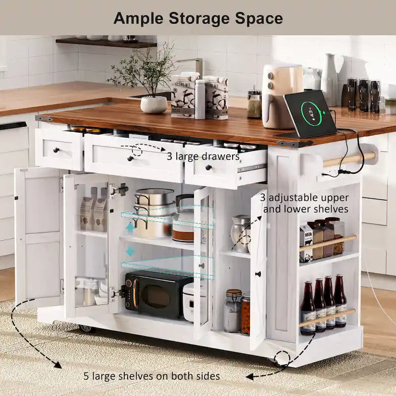 Îlot de cuisine de style campagnard de 53 pouces avec deux portes d'armoire en verre trempé (tabouret non inclus)