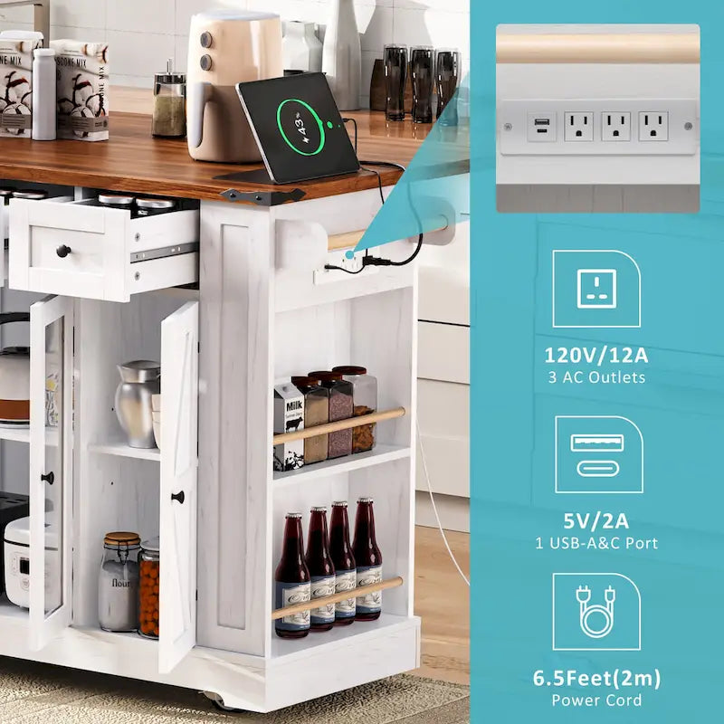 Îlot de cuisine de style campagnard de 53 pouces avec deux portes d'armoire en verre trempé (tabouret non inclus)
