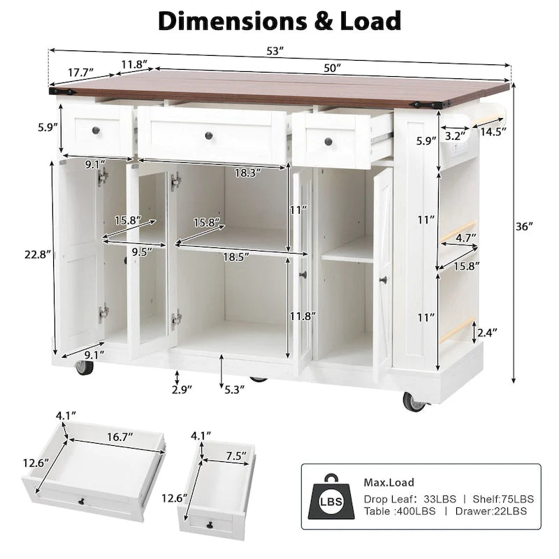 Îlot de cuisine de style campagnard de 53 pouces avec deux portes d'armoire en verre trempé (tabouret non inclus)