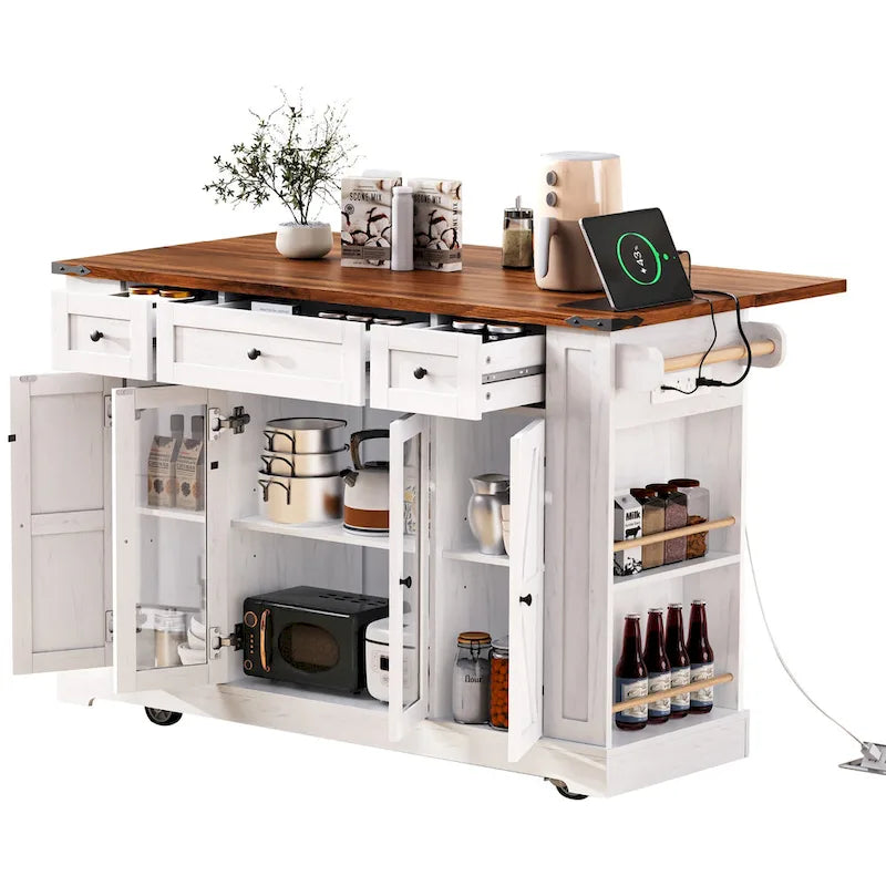 Îlot de cuisine de style campagnard de 53 pouces avec deux portes d'armoire en verre trempé (tabouret non inclus)