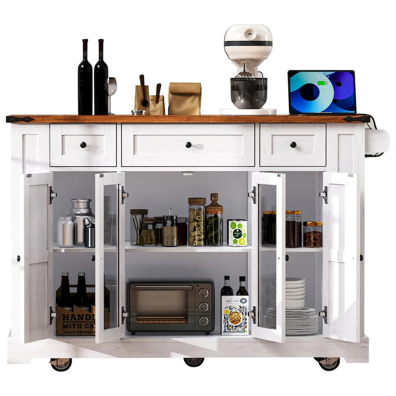 Îlot de cuisine de style campagnard de 53 pouces avec deux portes d'armoire en verre trempé (tabouret non inclus)
