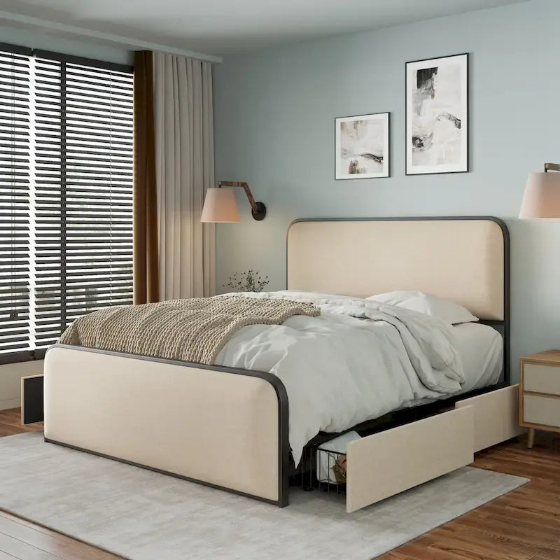Cadre de lit rembourré beige avec tête et pied de lit incurvés, sommier à lattes métalliques, lit plateforme bas, lit à panneaux à oreilles