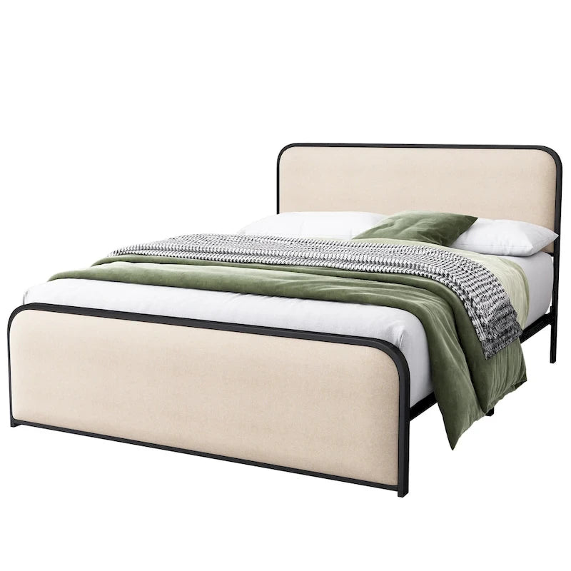 Cadre de lit rembourré beige avec tête et pied de lit incurvés, sommier à lattes métalliques, lit plateforme bas, lit à panneaux à oreilles