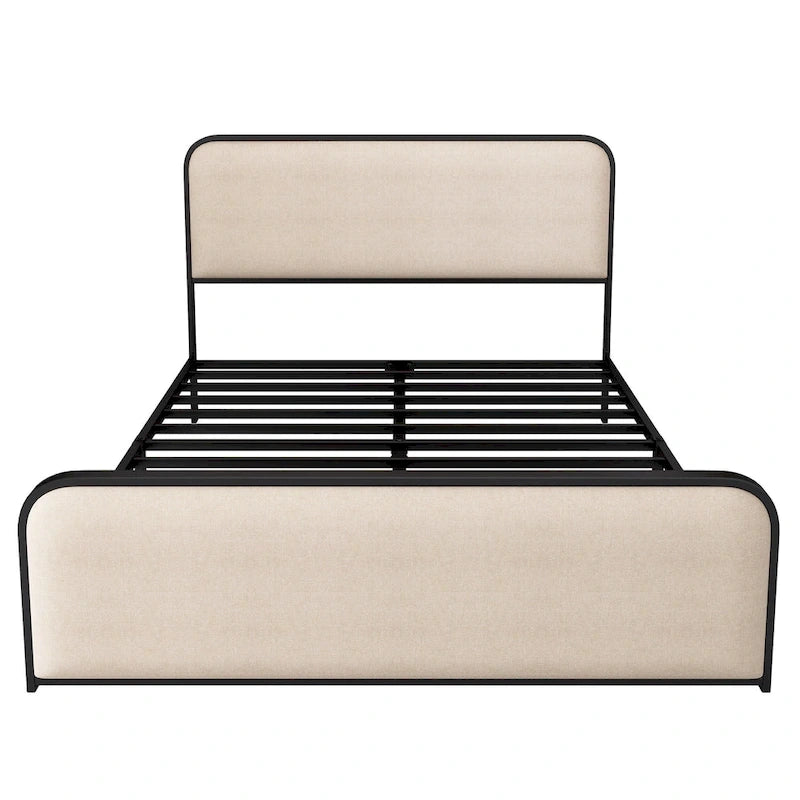 Cadre de lit rembourré beige avec tête et pied de lit incurvés, sommier à lattes métalliques, lit plateforme bas, lit à panneaux à oreilles