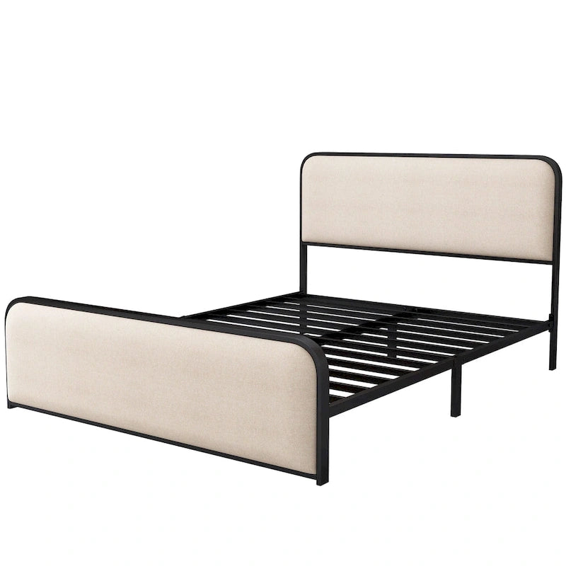 Cadre de lit rembourré beige avec tête et pied de lit incurvés, sommier à lattes métalliques, lit plateforme bas, lit à panneaux à oreilles