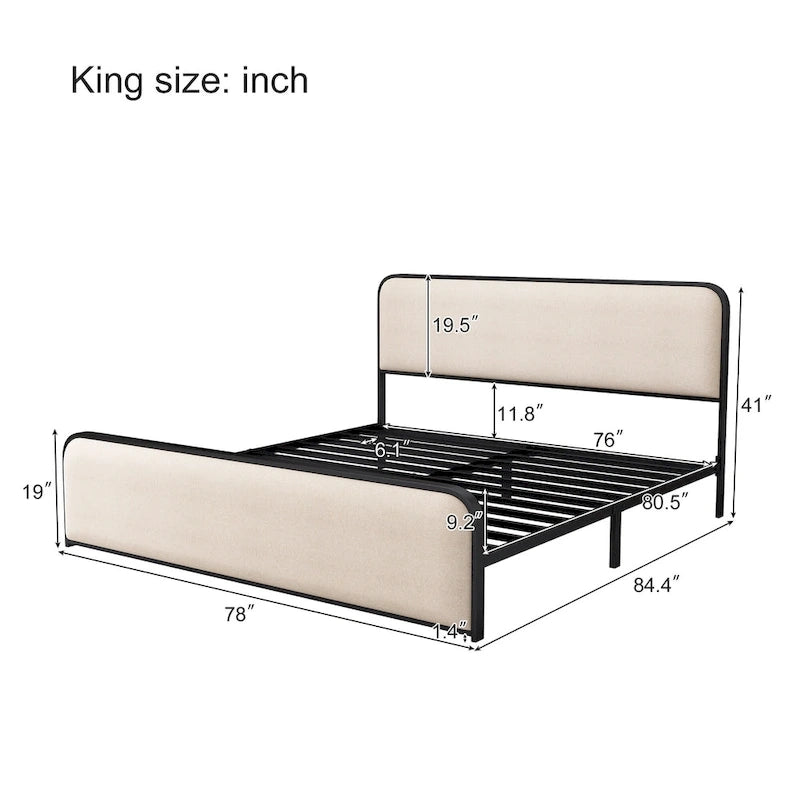 Cadre de lit rembourré beige avec tête et pied de lit incurvés, sommier à lattes métalliques, lit plateforme bas, lit à panneaux à oreilles