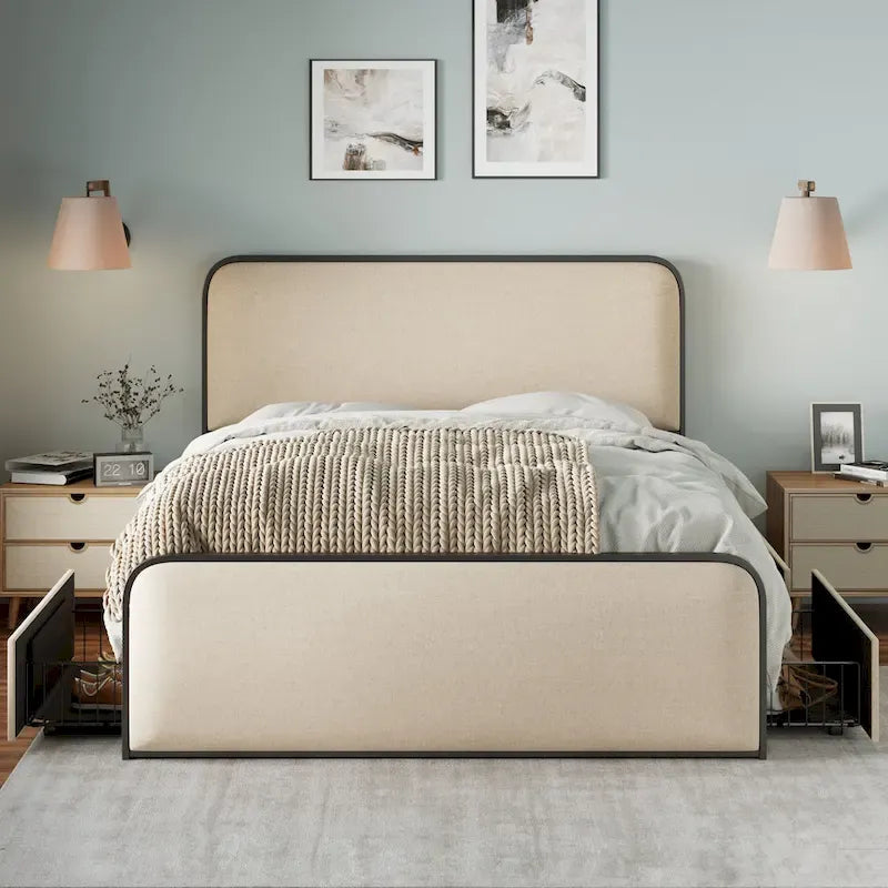 Cadre de lit rembourré beige avec tête et pied de lit incurvés, sommier à lattes métalliques, lit plateforme bas, lit à panneaux à oreilles