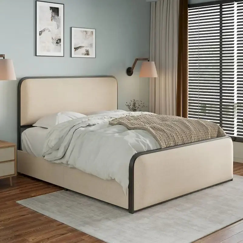 Cadre de lit rembourré beige avec tête et pied de lit incurvés, sommier à lattes métalliques, lit plateforme bas, lit à panneaux à oreilles