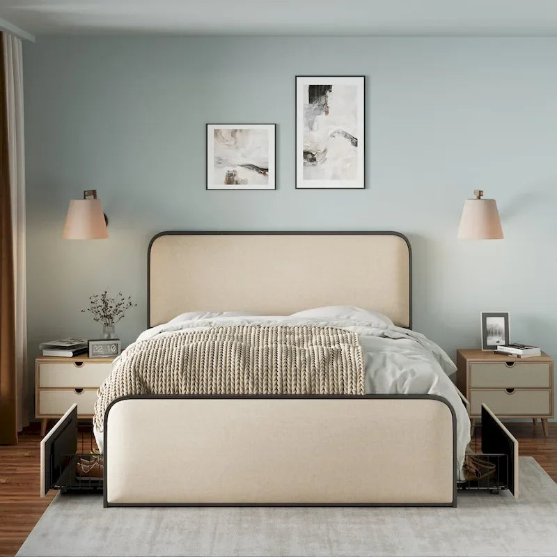 Cadre de lit rembourré beige avec tête et pied de lit incurvés, sommier à lattes métalliques, lit plateforme bas, lit à panneaux à oreilles