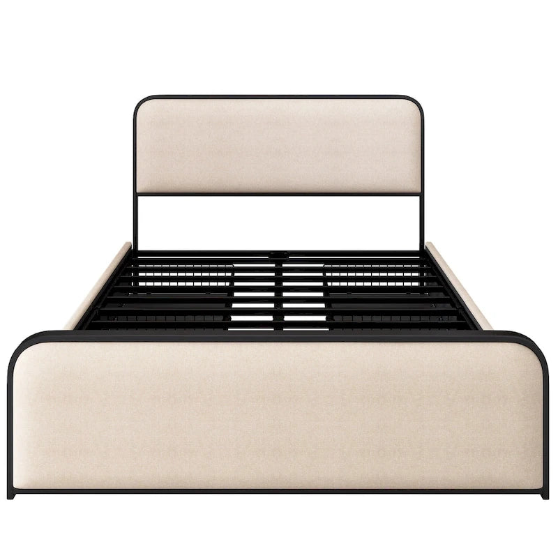 Cadre de lit rembourré beige avec tête et pied de lit incurvés, sommier à lattes métalliques, lit plateforme bas, lit à panneaux à oreilles