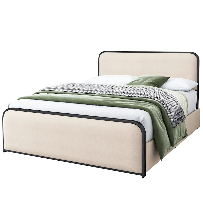 Cadre de lit rembourré beige avec tête et pied de lit incurvés, sommier à lattes métalliques, lit plateforme bas, lit à panneaux à oreilles