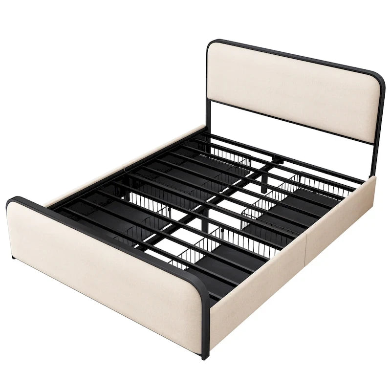 Cadre de lit rembourré beige avec tête et pied de lit incurvés, sommier à lattes métalliques, lit plateforme bas, lit à panneaux à oreilles
