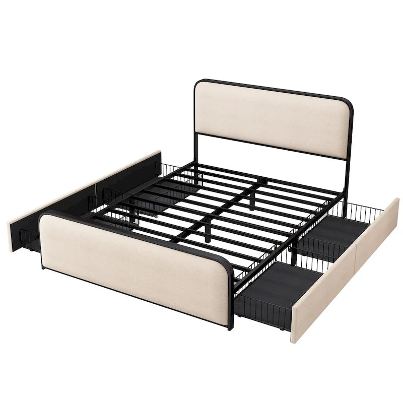 Cadre de lit rembourré beige avec tête et pied de lit incurvés, sommier à lattes métalliques, lit plateforme bas, lit à panneaux à oreilles