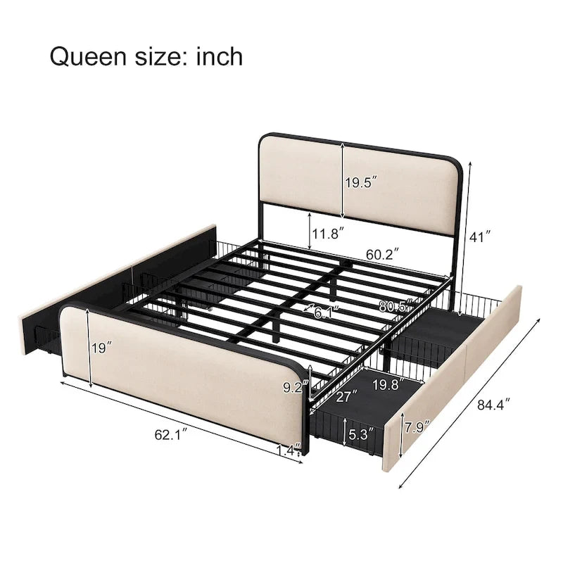 Cadre de lit rembourré beige avec tête et pied de lit incurvés, sommier à lattes métalliques, lit plateforme bas, lit à panneaux à oreilles