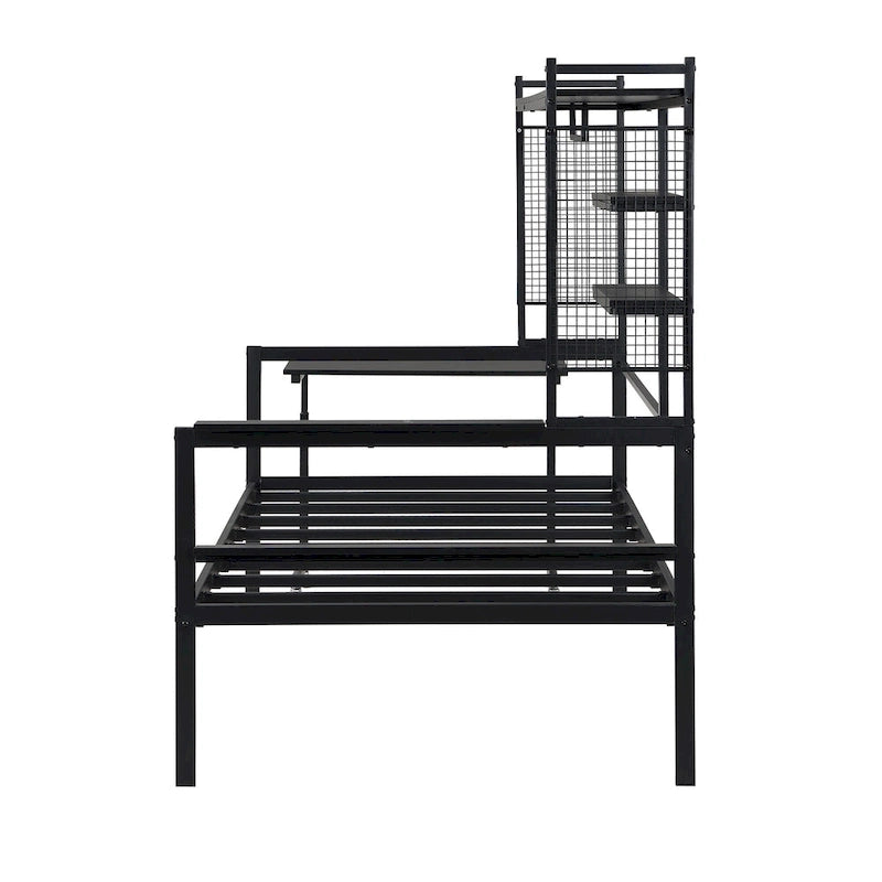 Lit de jour polyvalent avec bureau amovible, cadre de canapé-lit en métal avec grille métallique, étagères et porte-vêtements, sommier non requis
