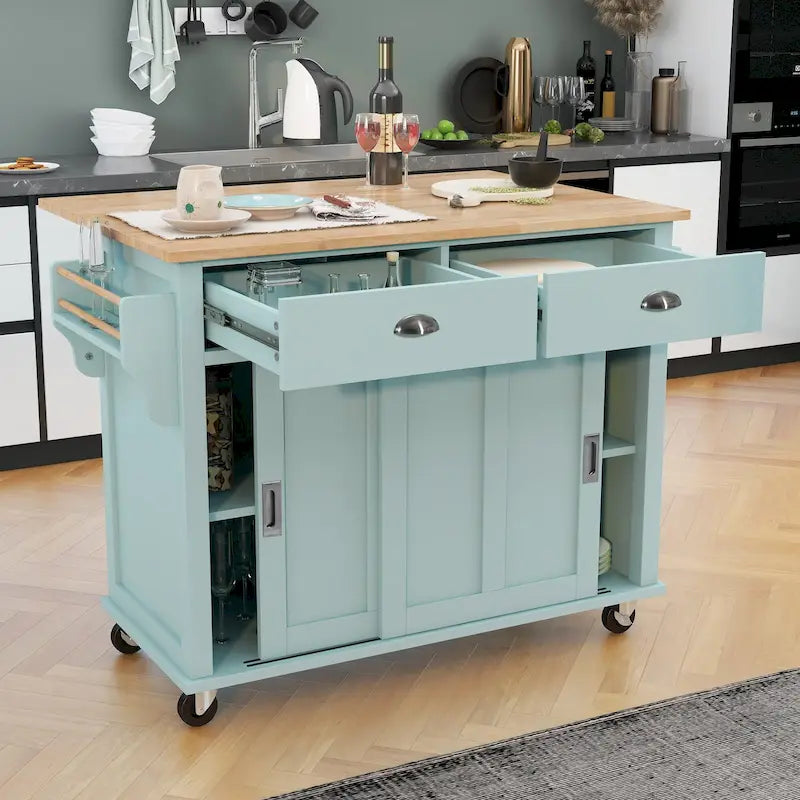 Îlot de cuisine pliant en bois sur roulettes avec étagère réglable, armoire de rangement et 2 tiroirs, porte coulissante de style grange dissimulée