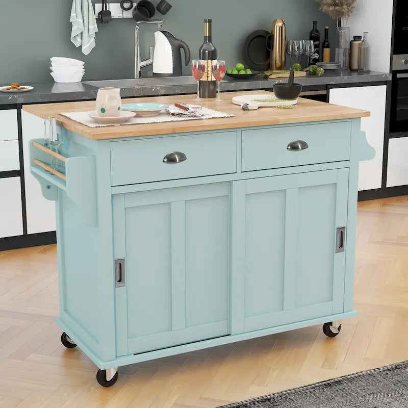 Îlot de cuisine pliant en bois sur roulettes avec étagère réglable, armoire de rangement et 2 tiroirs, porte coulissante de style grange dissimulée