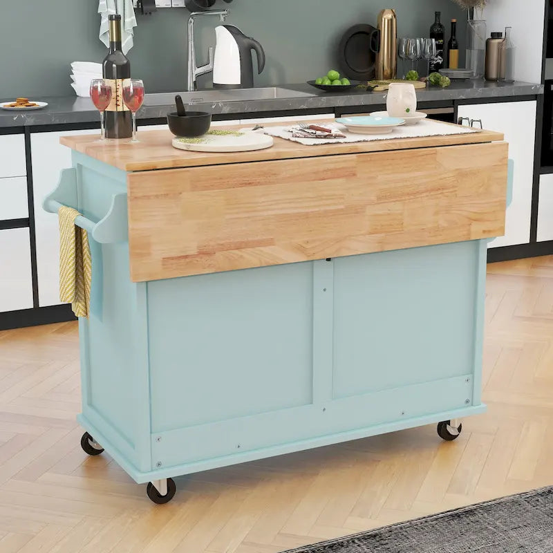 Îlot de cuisine pliant en bois sur roulettes avec étagère réglable, armoire de rangement et 2 tiroirs, porte coulissante de style grange dissimulée