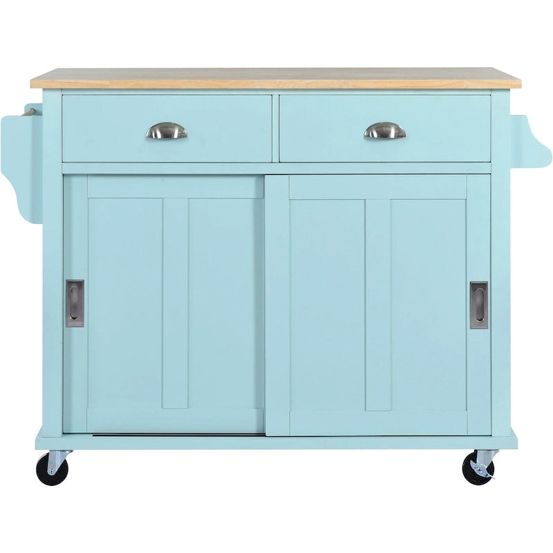 Îlot de cuisine pliant en bois sur roulettes avec étagère réglable, armoire de rangement et 2 tiroirs, porte coulissante de style grange dissimulée