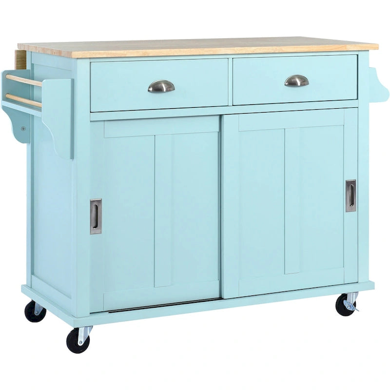 Îlot de cuisine pliant en bois sur roulettes avec étagère réglable, armoire de rangement et 2 tiroirs, porte coulissante de style grange dissimulée