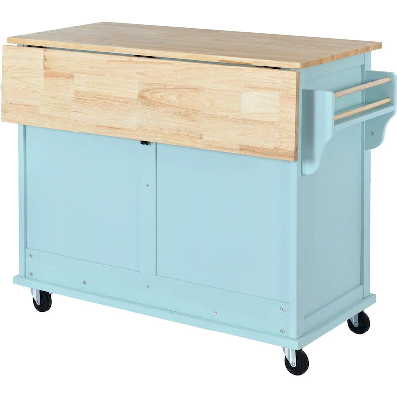 Îlot de cuisine pliant en bois sur roulettes avec étagère réglable, armoire de rangement et 2 tiroirs, porte coulissante de style grange dissimulée