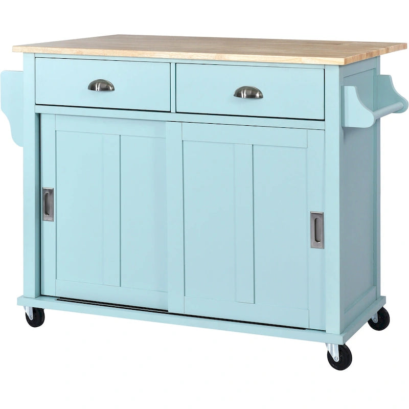 Îlot de cuisine pliant en bois sur roulettes avec étagère réglable, armoire de rangement et 2 tiroirs, porte coulissante de style grange dissimulée