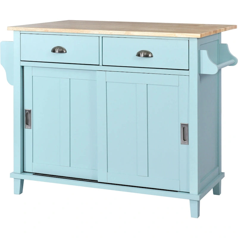 Îlot de cuisine pliant en bois sur roulettes avec étagère réglable, armoire de rangement et 2 tiroirs, porte coulissante de style grange dissimulée