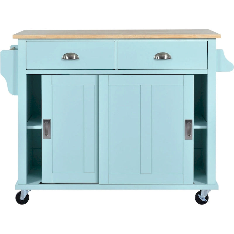 Îlot de cuisine pliant en bois sur roulettes avec étagère réglable, armoire de rangement et 2 tiroirs, porte coulissante de style grange dissimulée