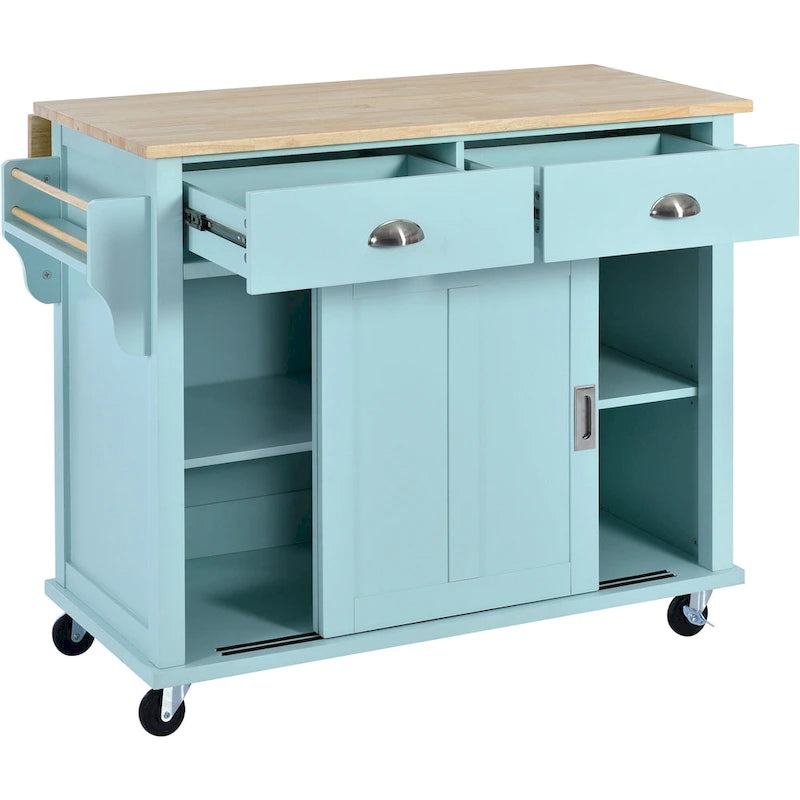 Îlot de cuisine pliant en bois sur roulettes avec étagère réglable, armoire de rangement et 2 tiroirs, porte coulissante de style grange dissimulée