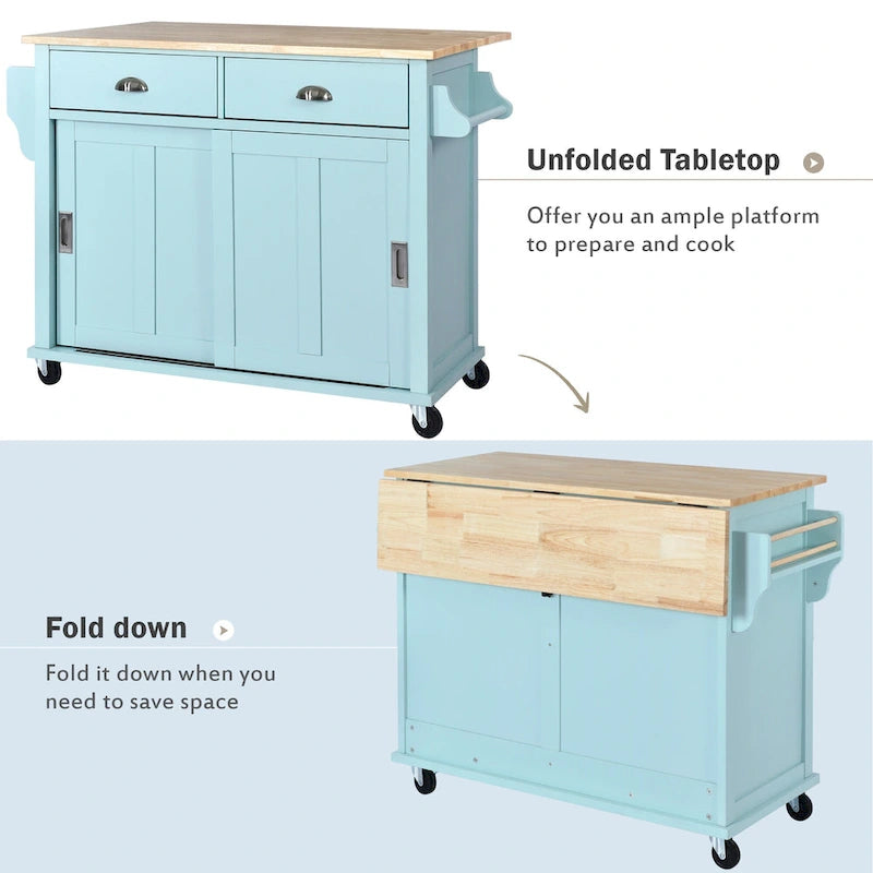 Îlot de cuisine pliant en bois sur roulettes avec étagère réglable, armoire de rangement et 2 tiroirs, porte coulissante de style grange dissimulée