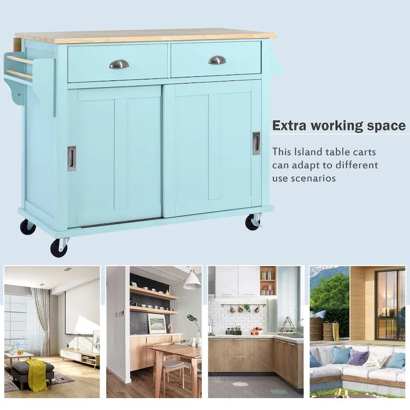 Îlot de cuisine pliant en bois sur roulettes avec étagère réglable, armoire de rangement et 2 tiroirs, porte coulissante de style grange dissimulée