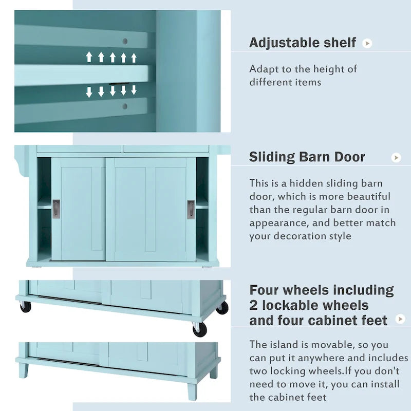 Îlot de cuisine pliant en bois sur roulettes avec étagère réglable, armoire de rangement et 2 tiroirs, porte coulissante de style grange dissimulée