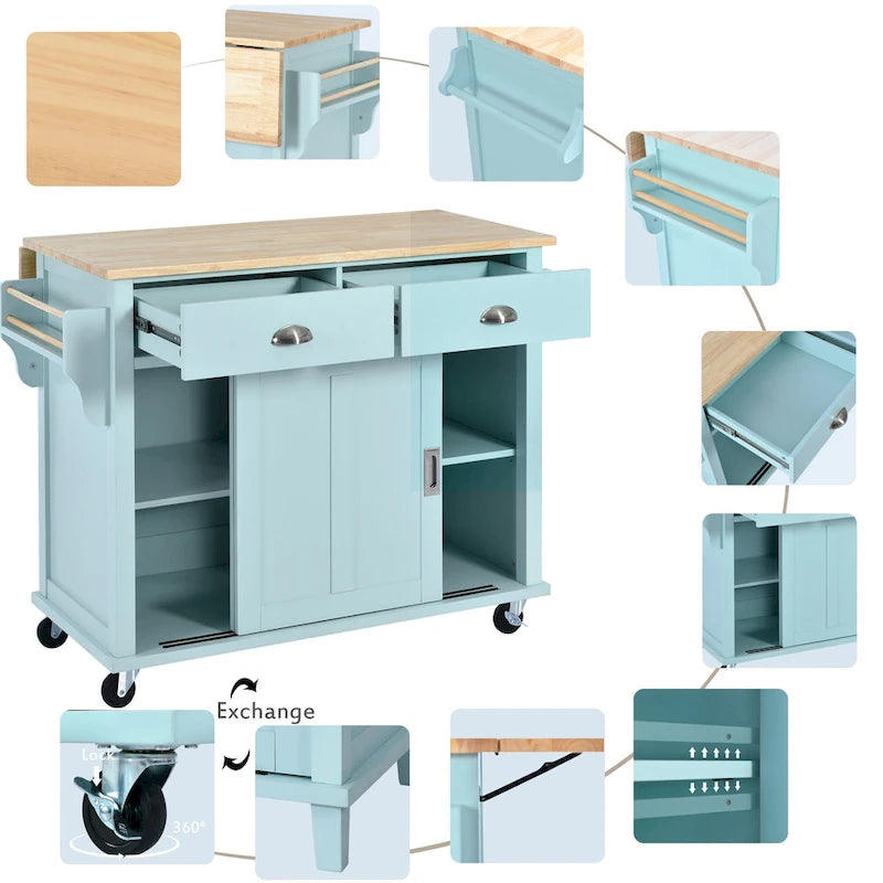 Îlot de cuisine pliant en bois sur roulettes avec étagère réglable, armoire de rangement et 2 tiroirs, porte coulissante de style grange dissimulée