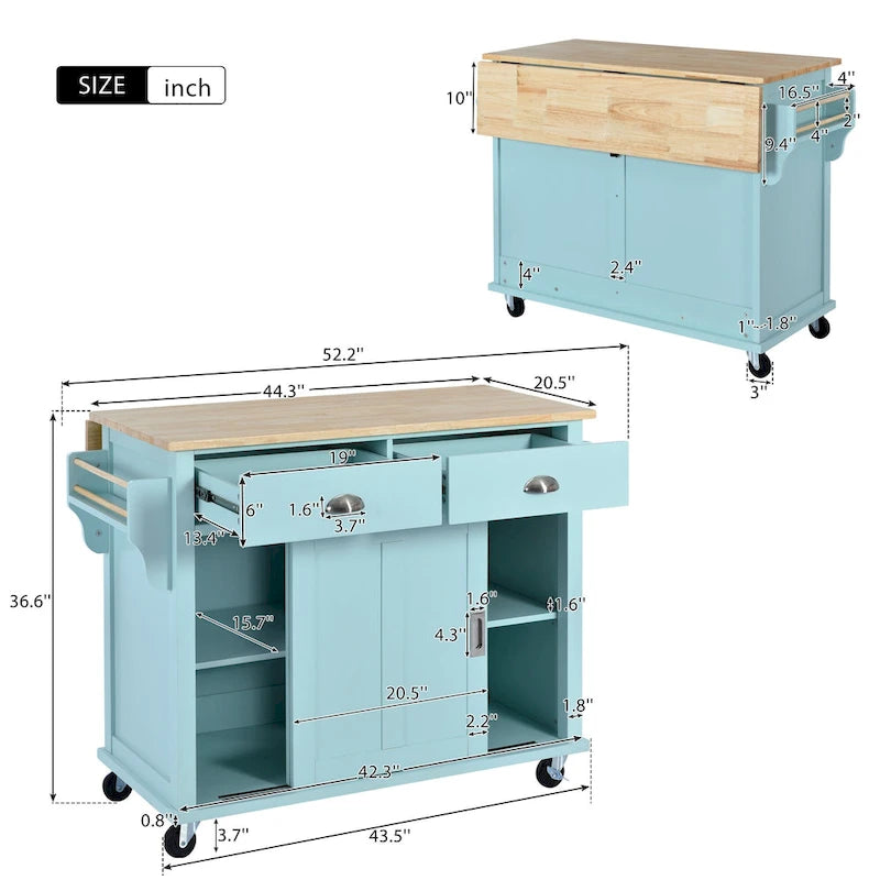Îlot de cuisine pliant en bois sur roulettes avec étagère réglable, armoire de rangement et 2 tiroirs, porte coulissante de style grange dissimulée