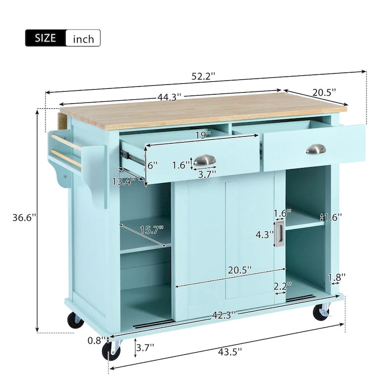 Îlot de cuisine pliant en bois sur roulettes avec étagère réglable, armoire de rangement et 2 tiroirs, porte coulissante de style grange dissimulée