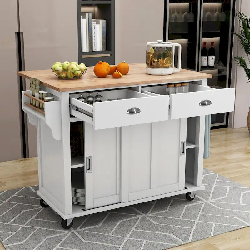 Îlot de cuisine pliant en bois sur roulettes avec étagère réglable, armoire de rangement et 2 tiroirs, porte coulissante de style grange dissimulée