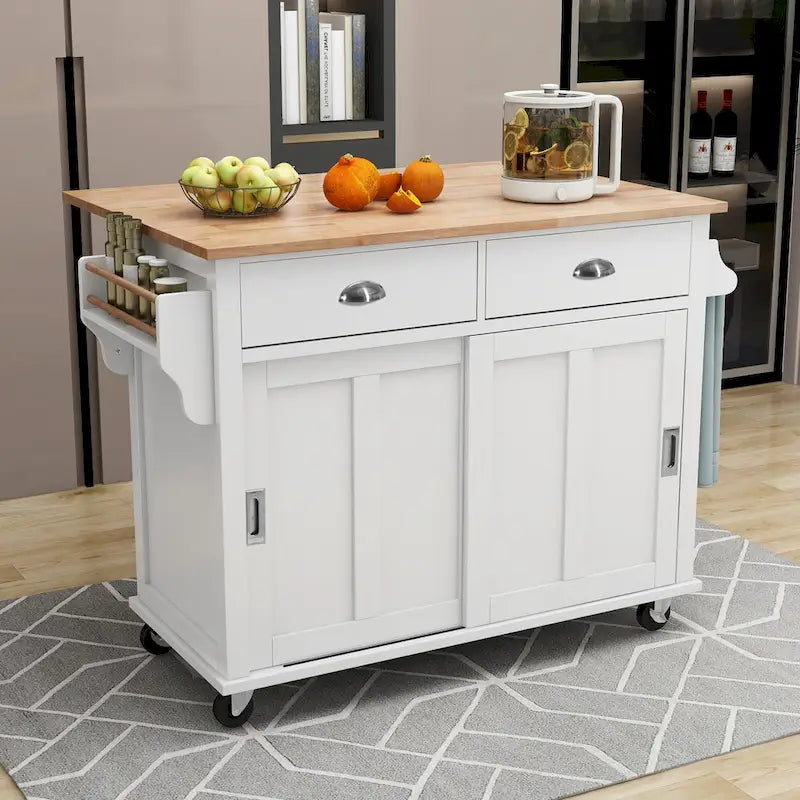 Îlot de cuisine pliant en bois sur roulettes avec étagère réglable, armoire de rangement et 2 tiroirs, porte coulissante de style grange dissimulée