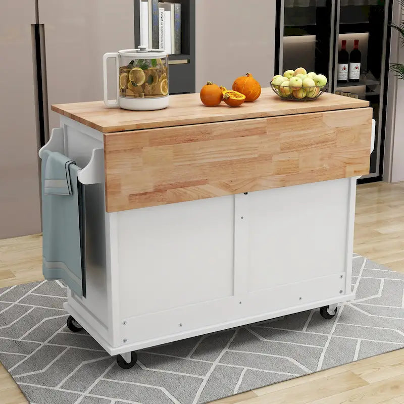Îlot de cuisine pliant en bois sur roulettes avec étagère réglable, armoire de rangement et 2 tiroirs, porte coulissante de style grange dissimulée