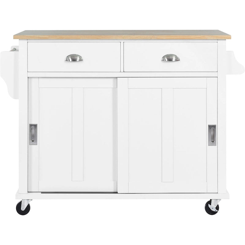 Îlot de cuisine pliant en bois sur roulettes avec étagère réglable, armoire de rangement et 2 tiroirs, porte coulissante de style grange dissimulée