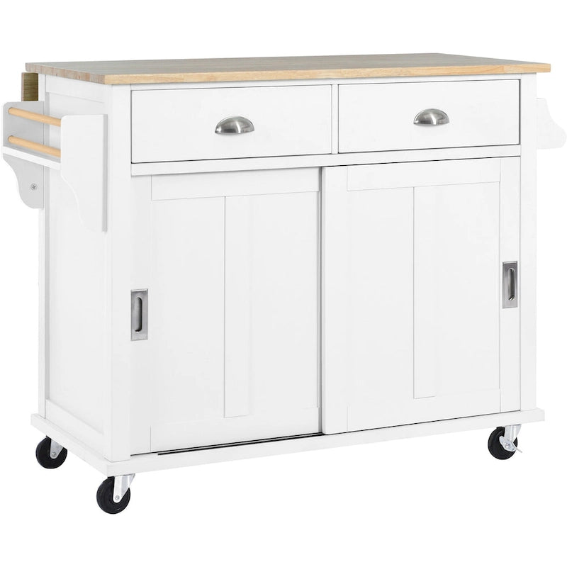 Îlot de cuisine pliant en bois sur roulettes avec étagère réglable, armoire de rangement et 2 tiroirs, porte coulissante de style grange dissimulée