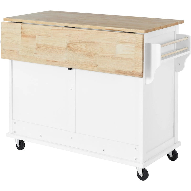 Îlot de cuisine pliant en bois sur roulettes avec étagère réglable, armoire de rangement et 2 tiroirs, porte coulissante de style grange dissimulée