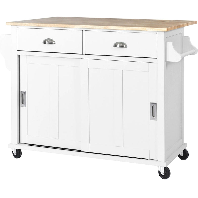 Îlot de cuisine pliant en bois sur roulettes avec étagère réglable, armoire de rangement et 2 tiroirs, porte coulissante de style grange dissimulée