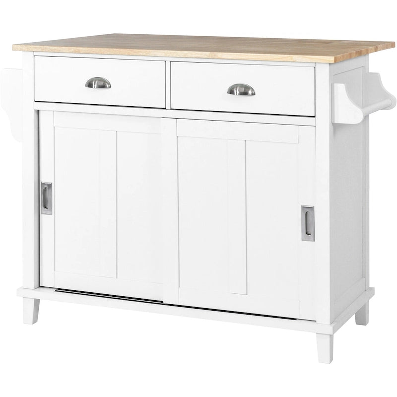 Îlot de cuisine pliant en bois sur roulettes avec étagère réglable, armoire de rangement et 2 tiroirs, porte coulissante de style grange dissimulée