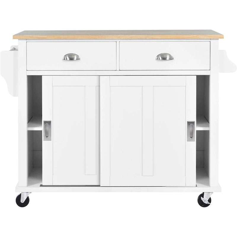 Îlot de cuisine pliant en bois sur roulettes avec étagère réglable, armoire de rangement et 2 tiroirs, porte coulissante de style grange dissimulée
