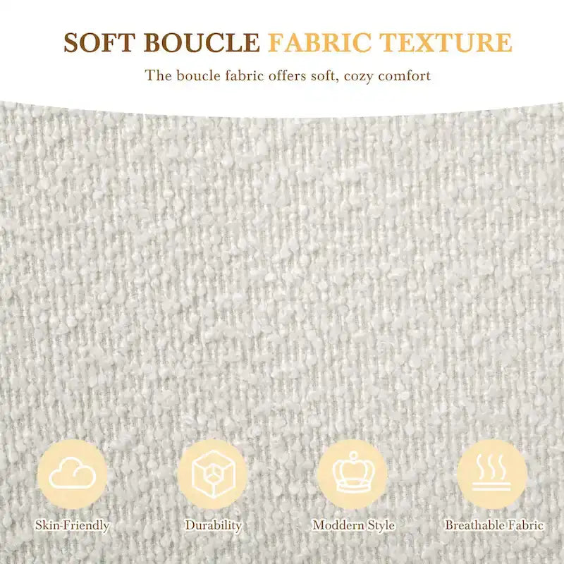 Lit plateforme blanc, cadre rembourré en tissu bouclé, tête de lit aux coins arrondis, lit à oreilles avec sommier à lattes en bois et pieds centraux en métal