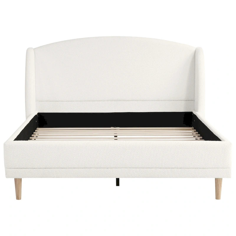 Lit plateforme blanc, cadre rembourré en tissu bouclé, tête de lit aux coins arrondis, lit à oreilles avec sommier à lattes en bois et pieds centraux en métal