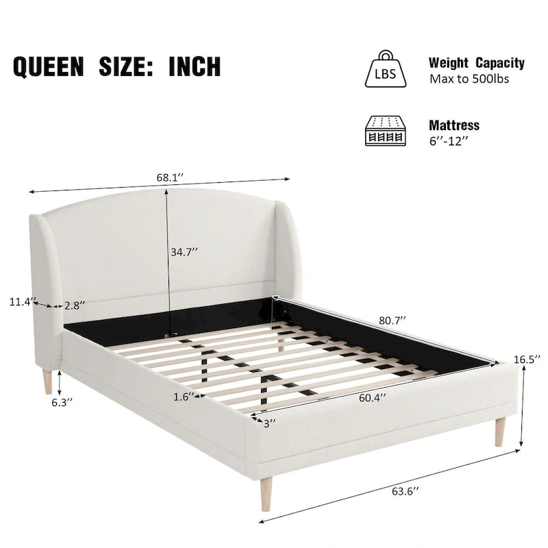 Lit plateforme blanc, cadre rembourré en tissu bouclé, tête de lit aux coins arrondis, lit à oreilles avec sommier à lattes en bois et pieds centraux en métal