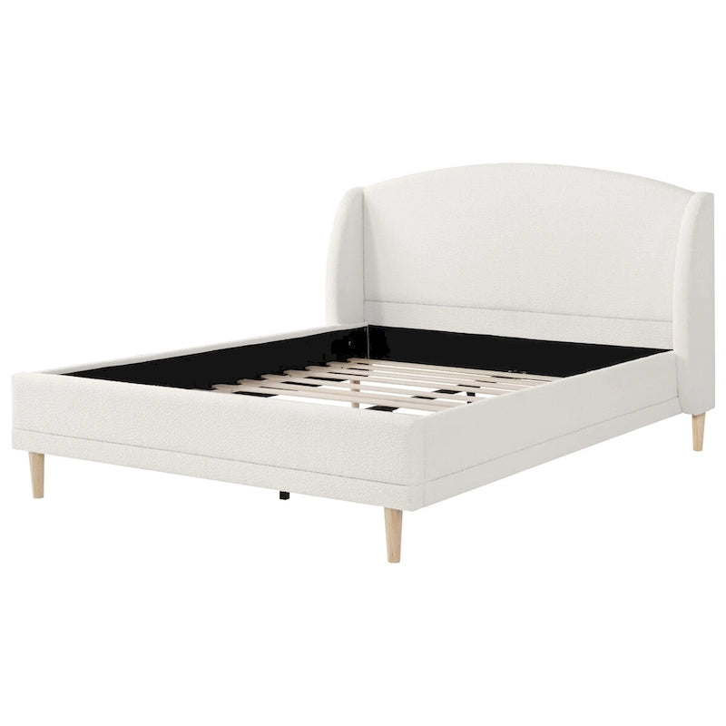 Lit plateforme blanc, cadre rembourré en tissu bouclé, tête de lit aux coins arrondis, lit à oreilles avec sommier à lattes en bois et pieds centraux en métal