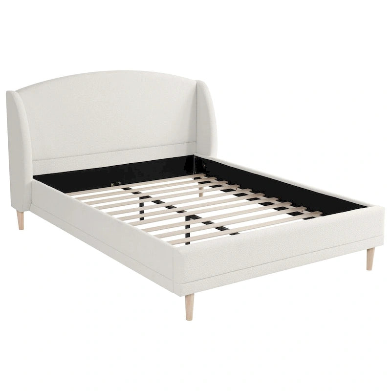 Lit plateforme blanc, cadre rembourré en tissu bouclé, tête de lit aux coins arrondis, lit à oreilles avec sommier à lattes en bois et pieds centraux en métal