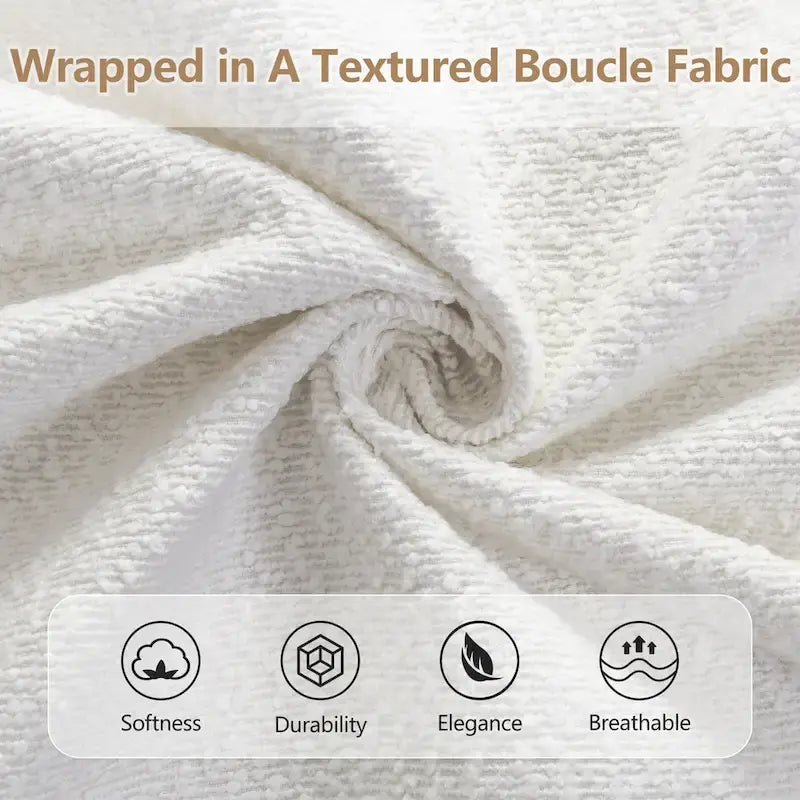 Lit plateforme blanc, cadre rembourré en tissu bouclé, tête de lit aux coins arrondis, lit à oreilles avec sommier à lattes en bois et pieds centraux en métal
